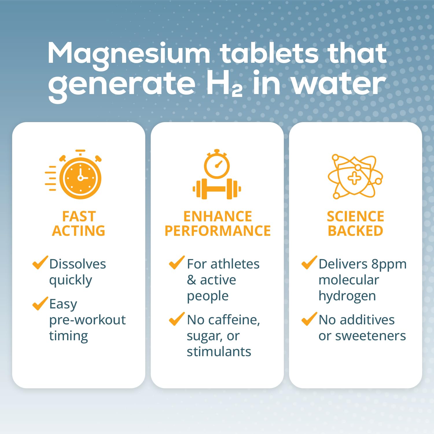 Close-up of TruH2 tablet dropping into 500 ml water for 8 ppm hydrogen.