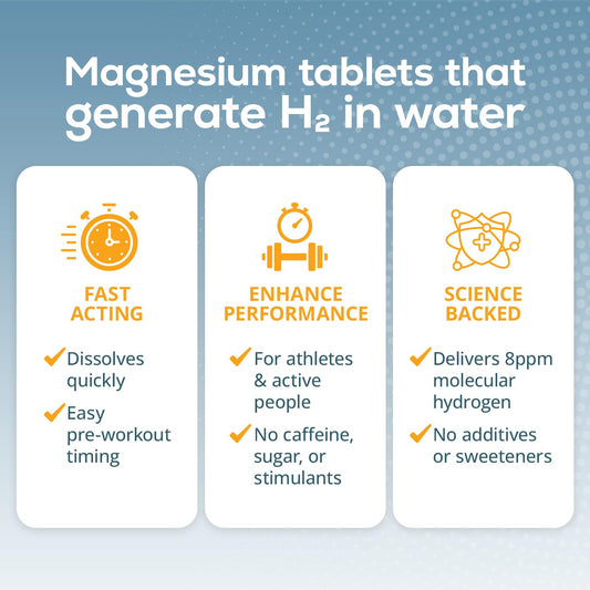 Close-up of TruH2 tablet dropping into 500 ml water for 8 ppm hydrogen.