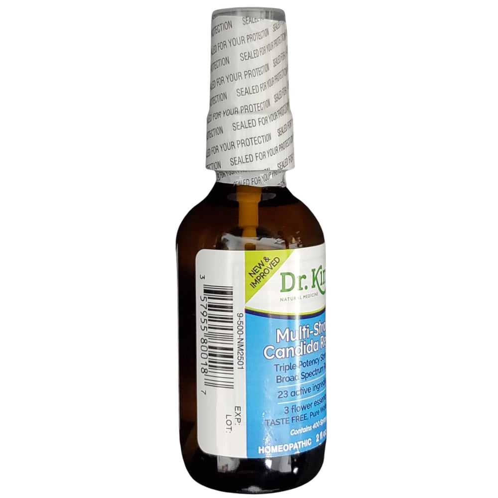 Primed pump shown for easy dosing of Dr King's Candida Relief.