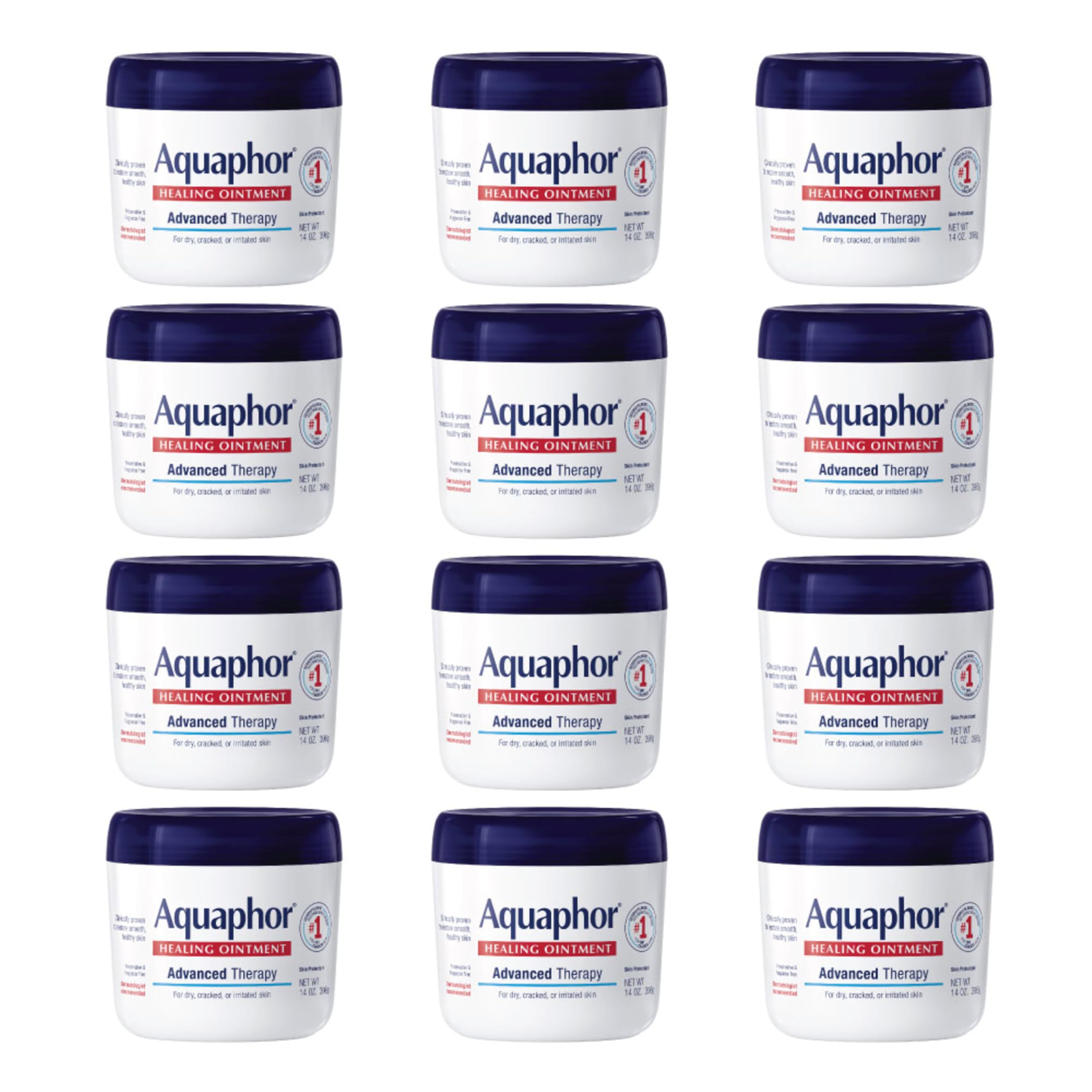 Aquaphor Healing Ointment jar on a bathroom counter providing intensive moisture protection.