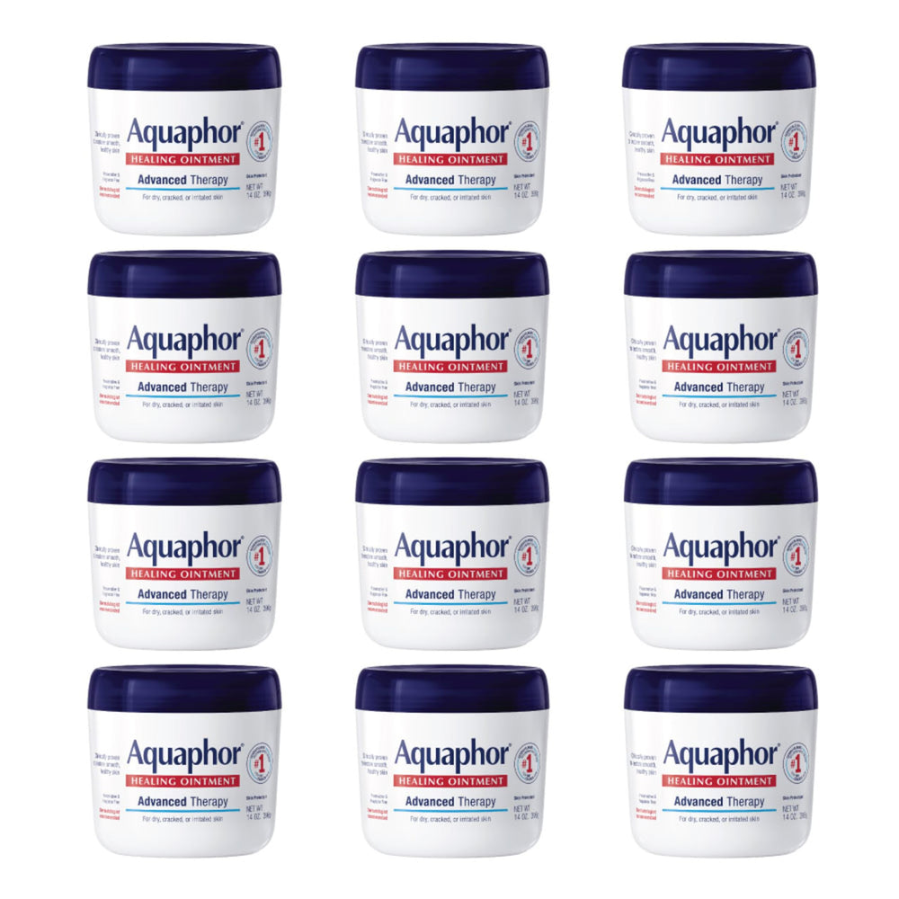 Aquaphor Healing Ointment jar on a bathroom counter providing intensive moisture protection.