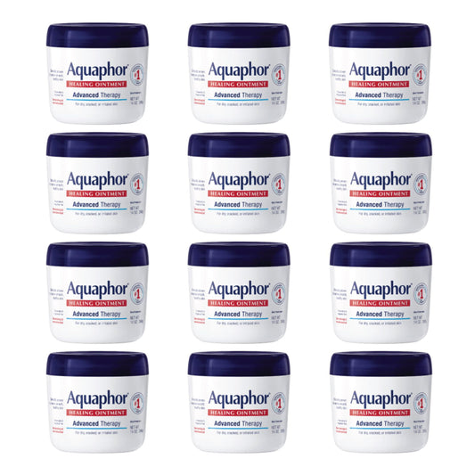 Aquaphor Healing Ointment jar on a bathroom counter providing intensive moisture protection.