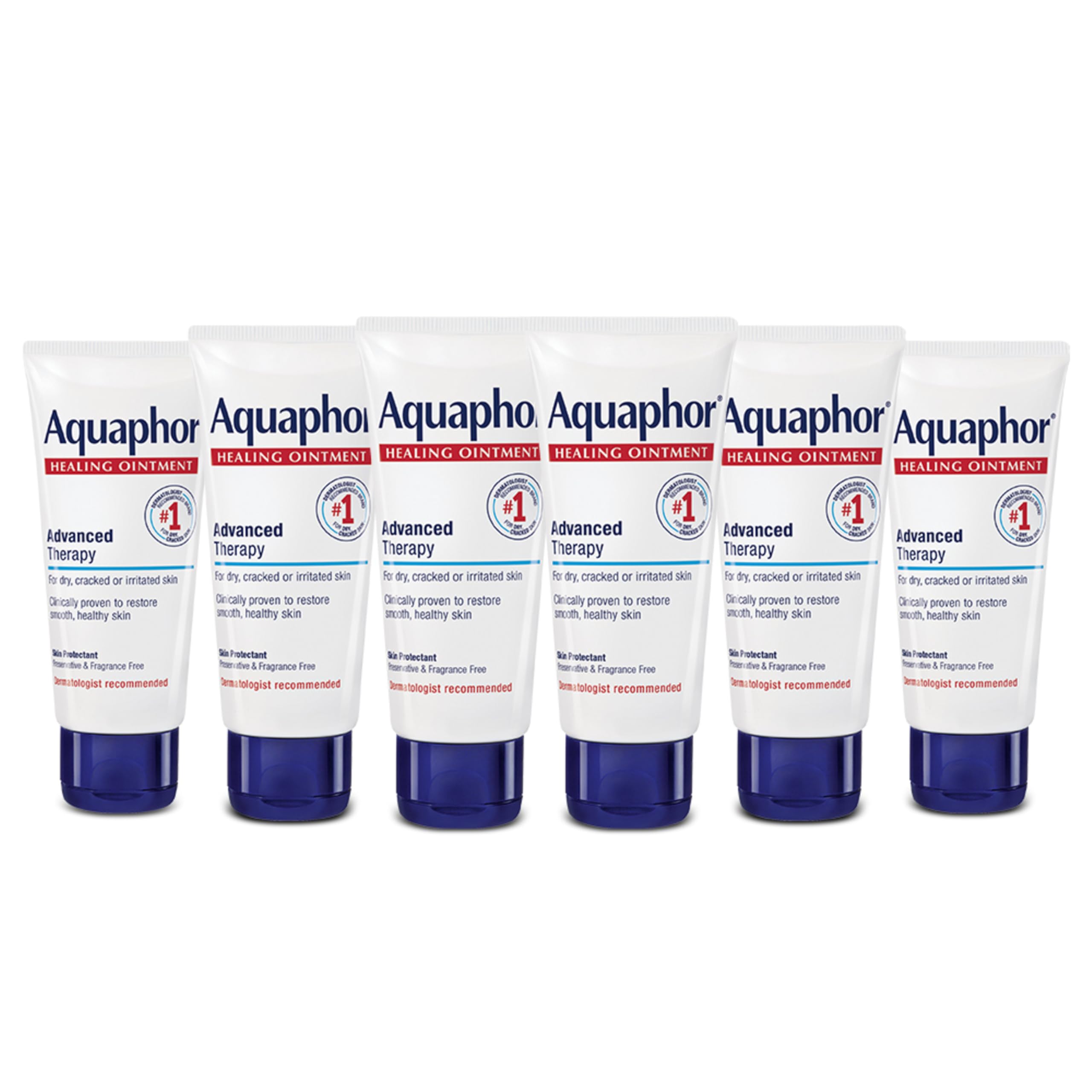 Aquaphor Healing Ointment tube close-up showing barrier for dry skin.