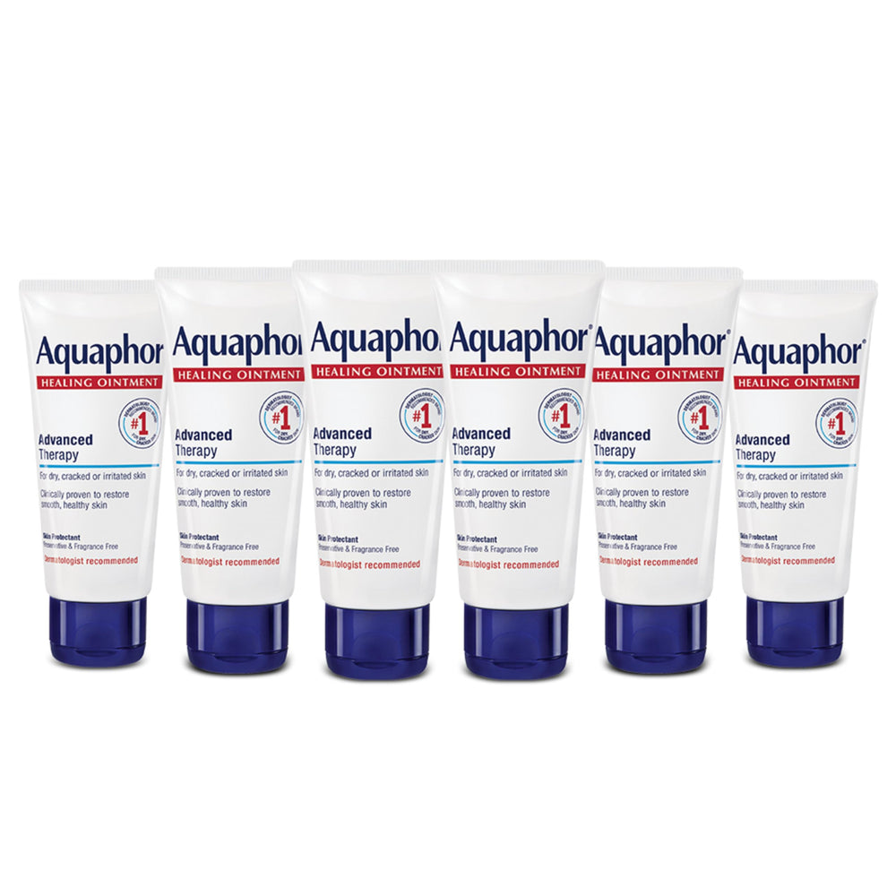 Aquaphor Healing Ointment tube close-up showing barrier for dry skin.