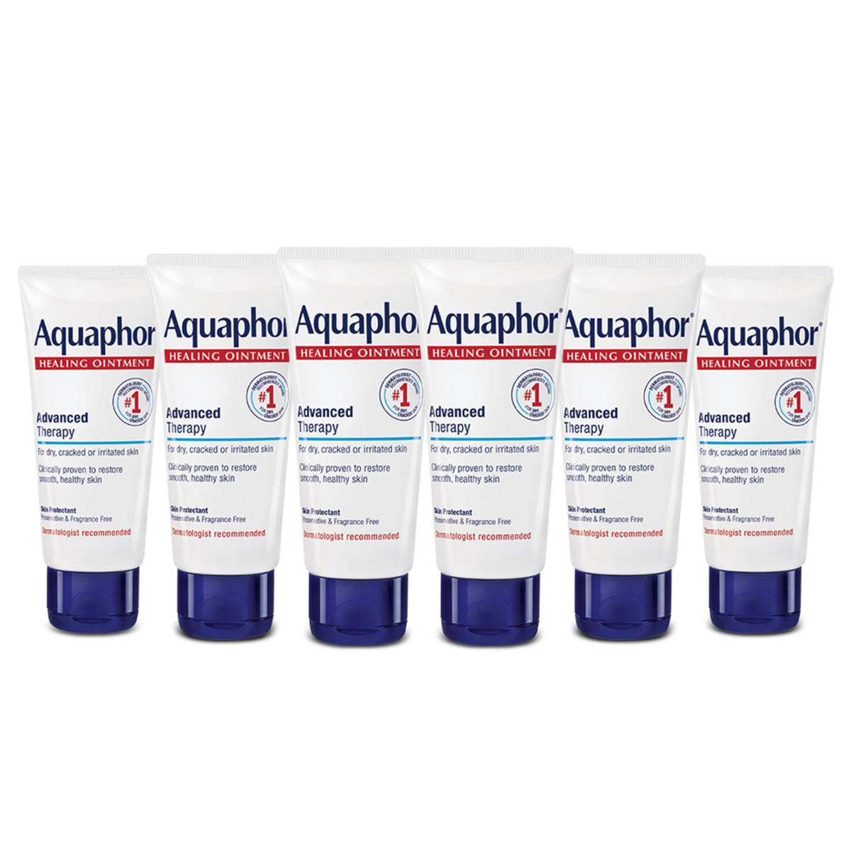 Aquaphor Healing Ointment tube close-up showing barrier for dry skin.
