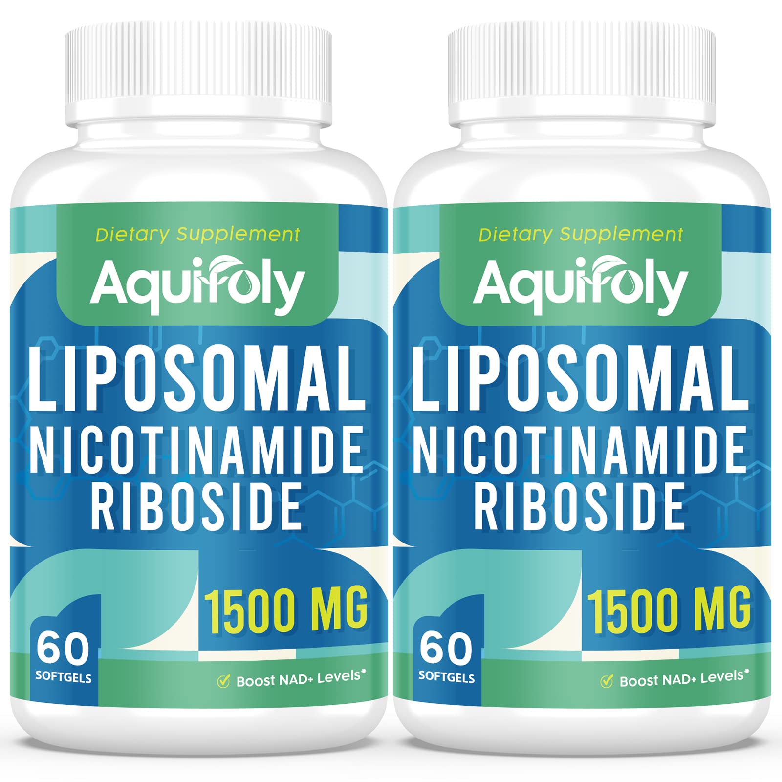 Aquifoly liposomal nicotinamide riboside softgels bottle highlighting advanced delivery for potential NAD+ support.