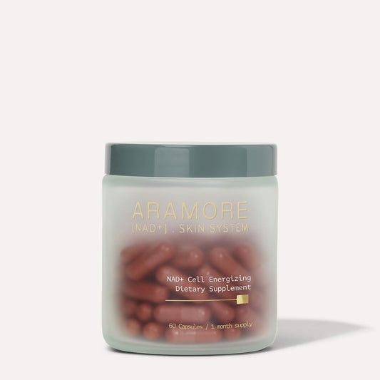 Aramore NAD+ bottle front highlighting daily skin energy support