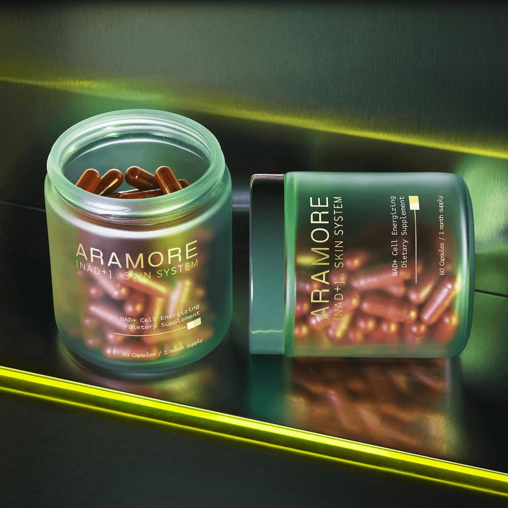 Aramore NAD+ capsules close-up emphasizing easy daily intake