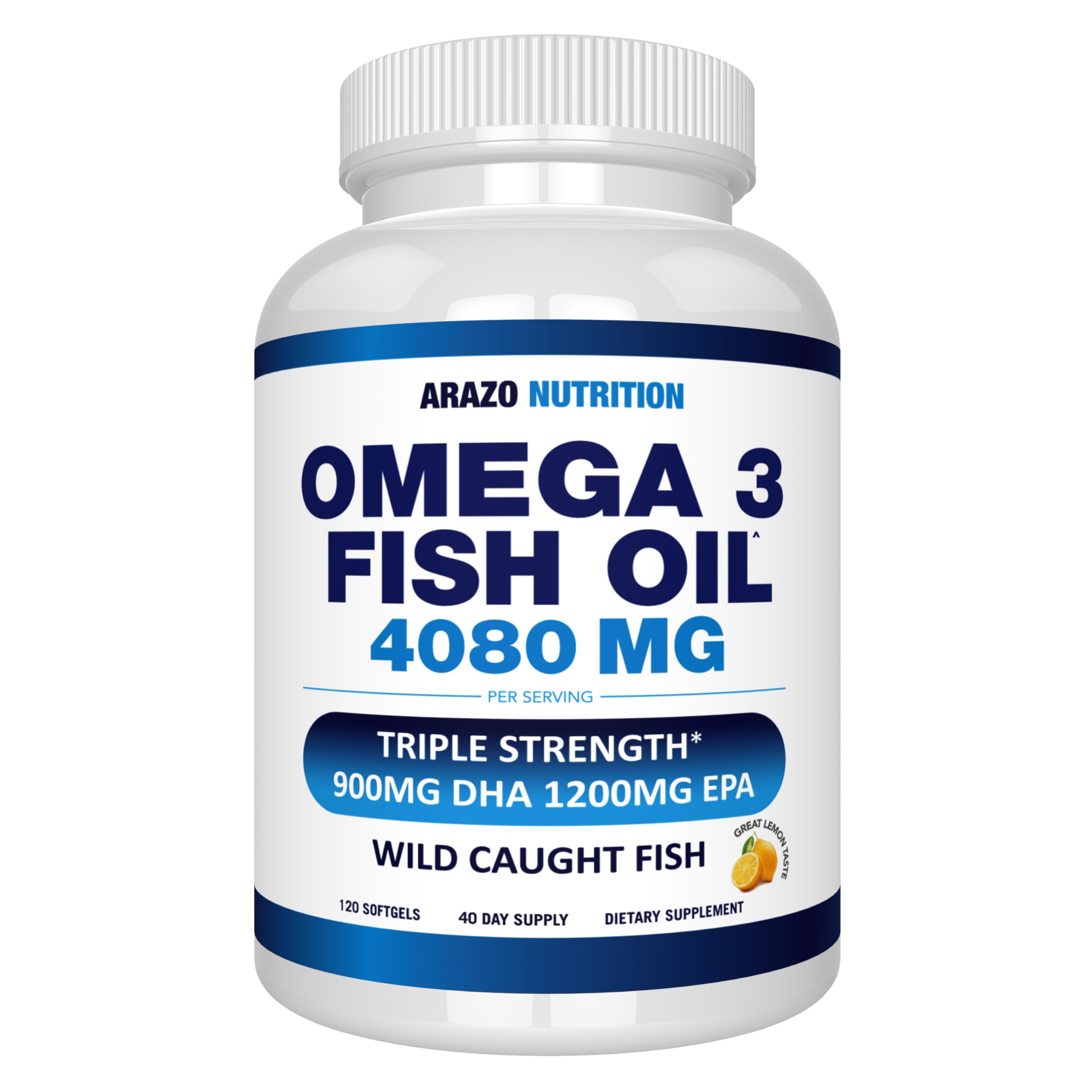 Arazo Nutrition omega-3 bottle with lemon softgels for easy swallowing