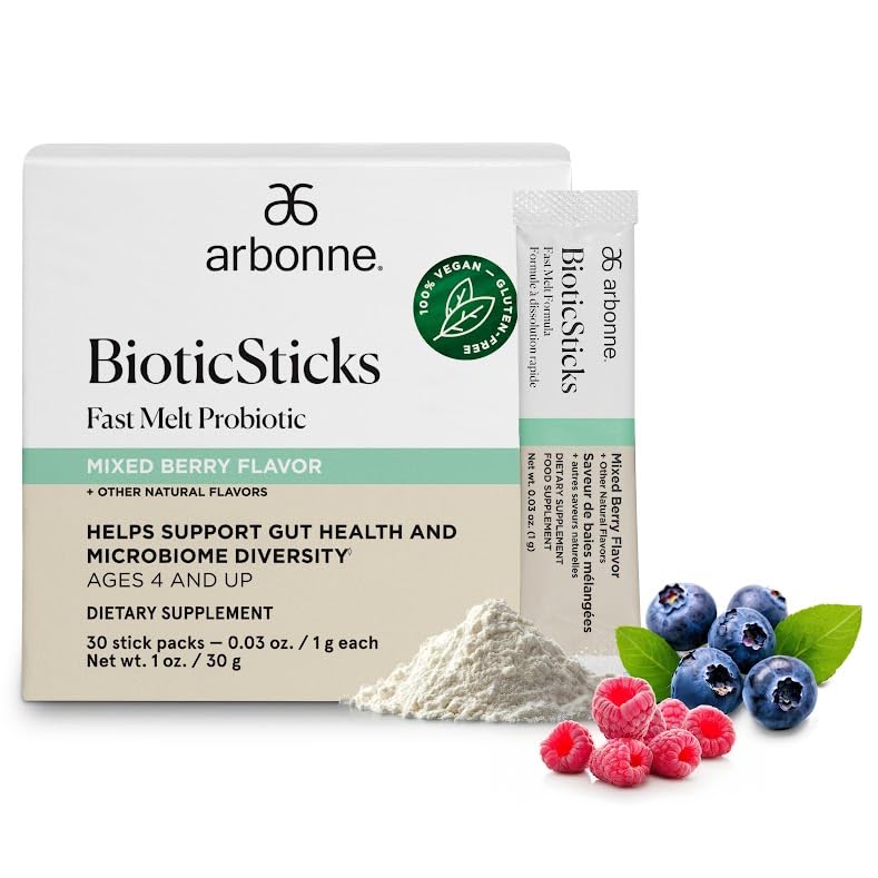 Arbonne BioticSticks packaging shows the fast-melt probiotic for on-the-go gut support.
