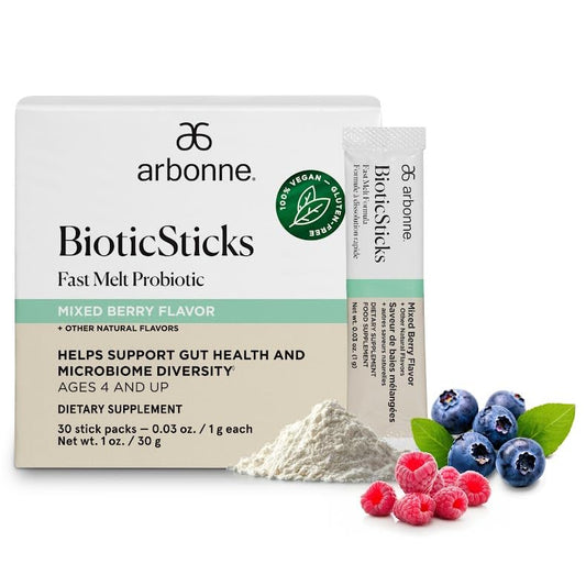 Arbonne BioticSticks packaging shows the fast-melt probiotic for on-the-go gut support.