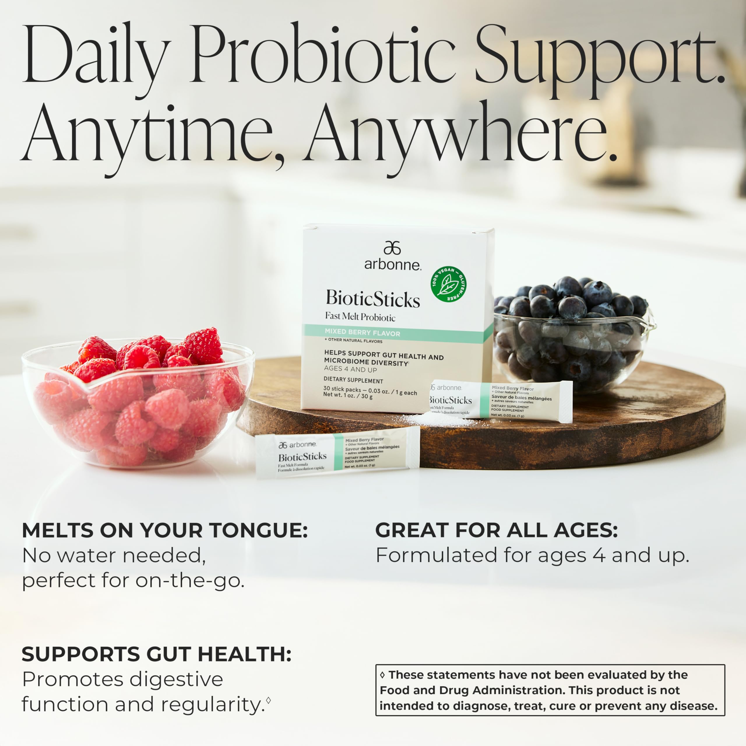 Arbonne BioticSticks single-stick pouch ready for daily probiotic intake.