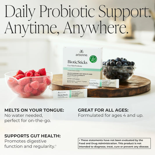 Arbonne BioticSticks single-stick pouch ready for daily probiotic intake.