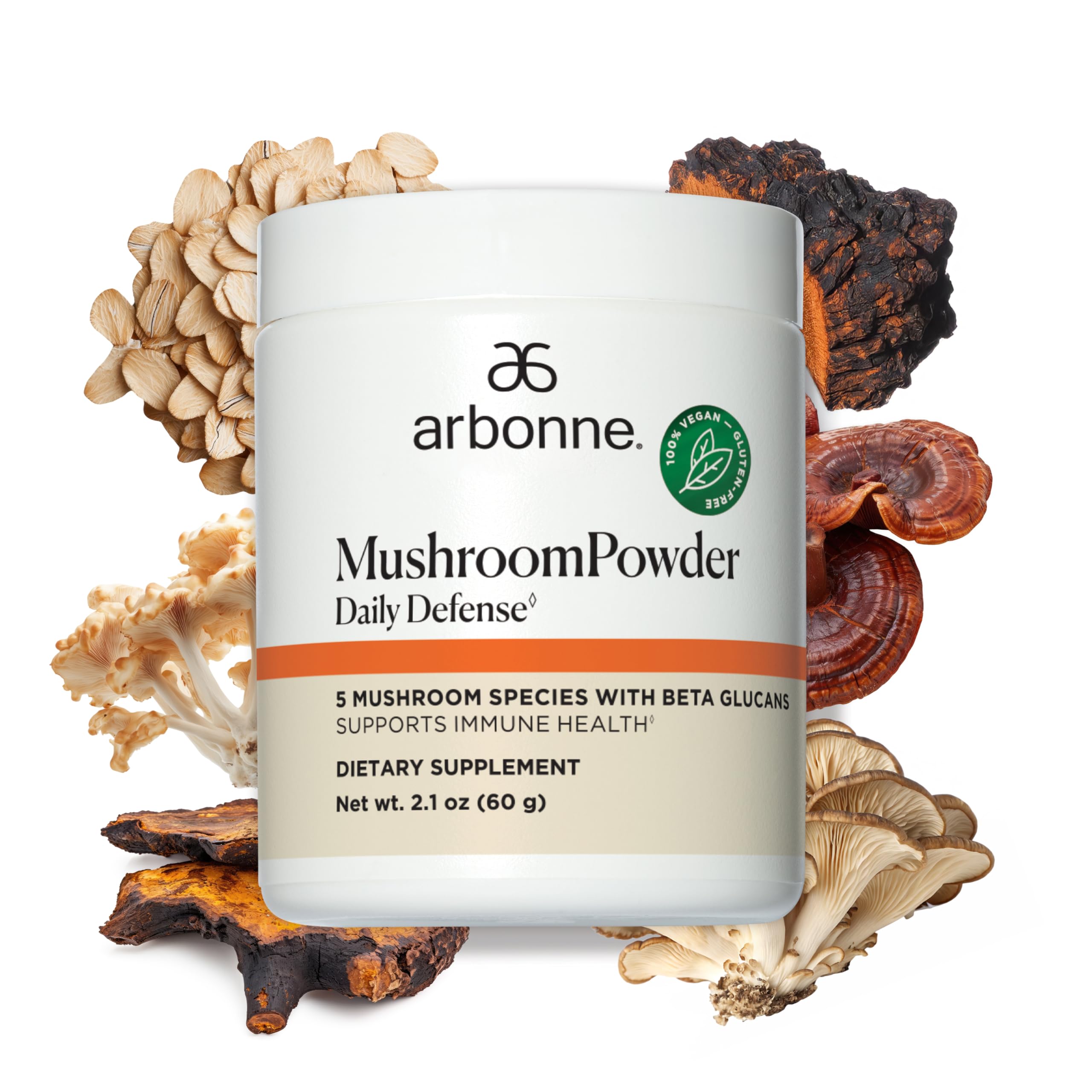 Arbonne Daily Defense bottle with mushroom powder for daily immune support.