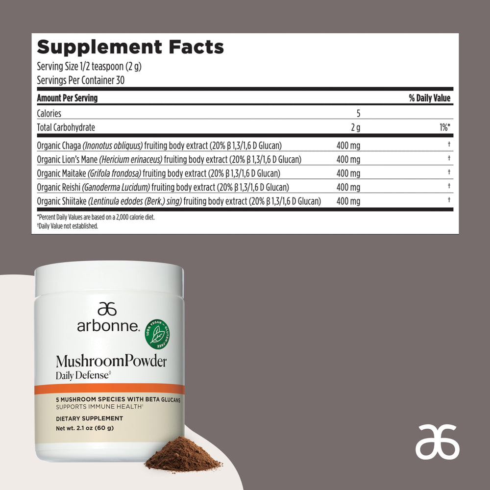 Arbonne Daily Defense container reveals real mushroom mix with beta-glucans.