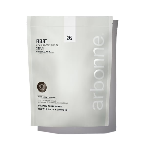 Arbonne FeelFit pea protein coffee powder ideal for shakes and post-workout recovery.