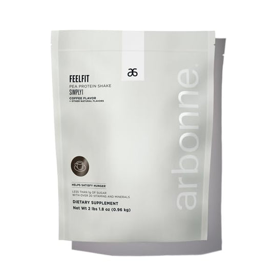 Arbonne FeelFit pea protein coffee powder ideal for shakes and post-workout recovery.