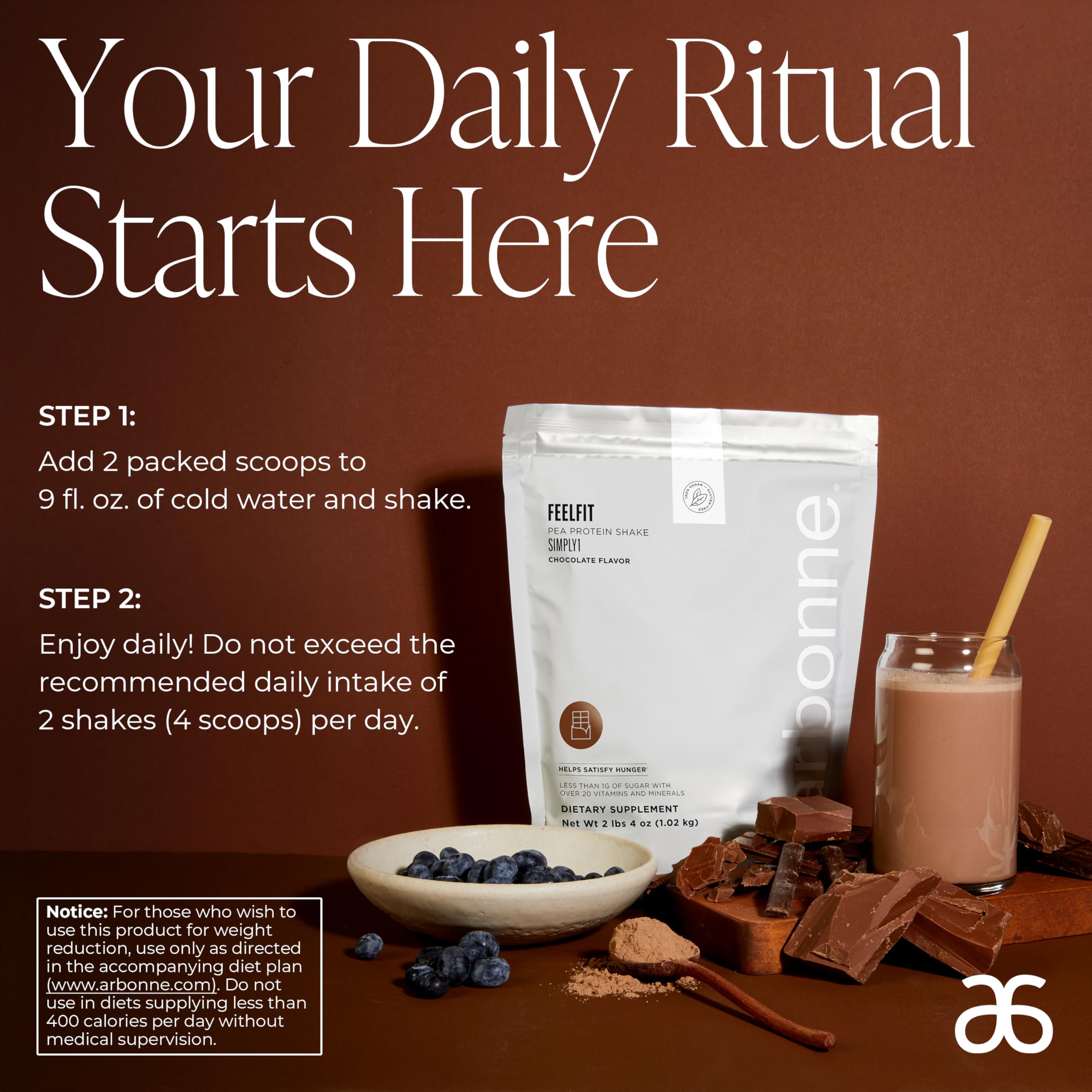 Arbonne FeelFit chocolate serving cup highlights portion control and protein support.