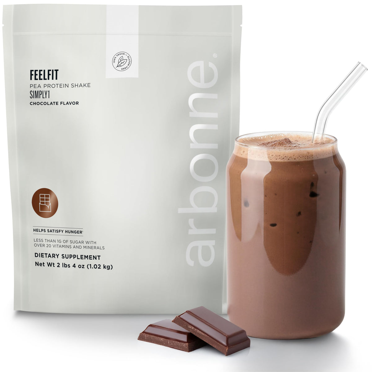 Arbonne FeelFit pea protein powder chocolate tub highlights plant-based protein for everyday wellness.