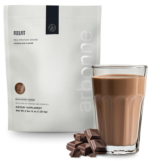 Arbonne Feelfit pea protein shake chocolate bottle promotes convenient vegan protein for daily energy.