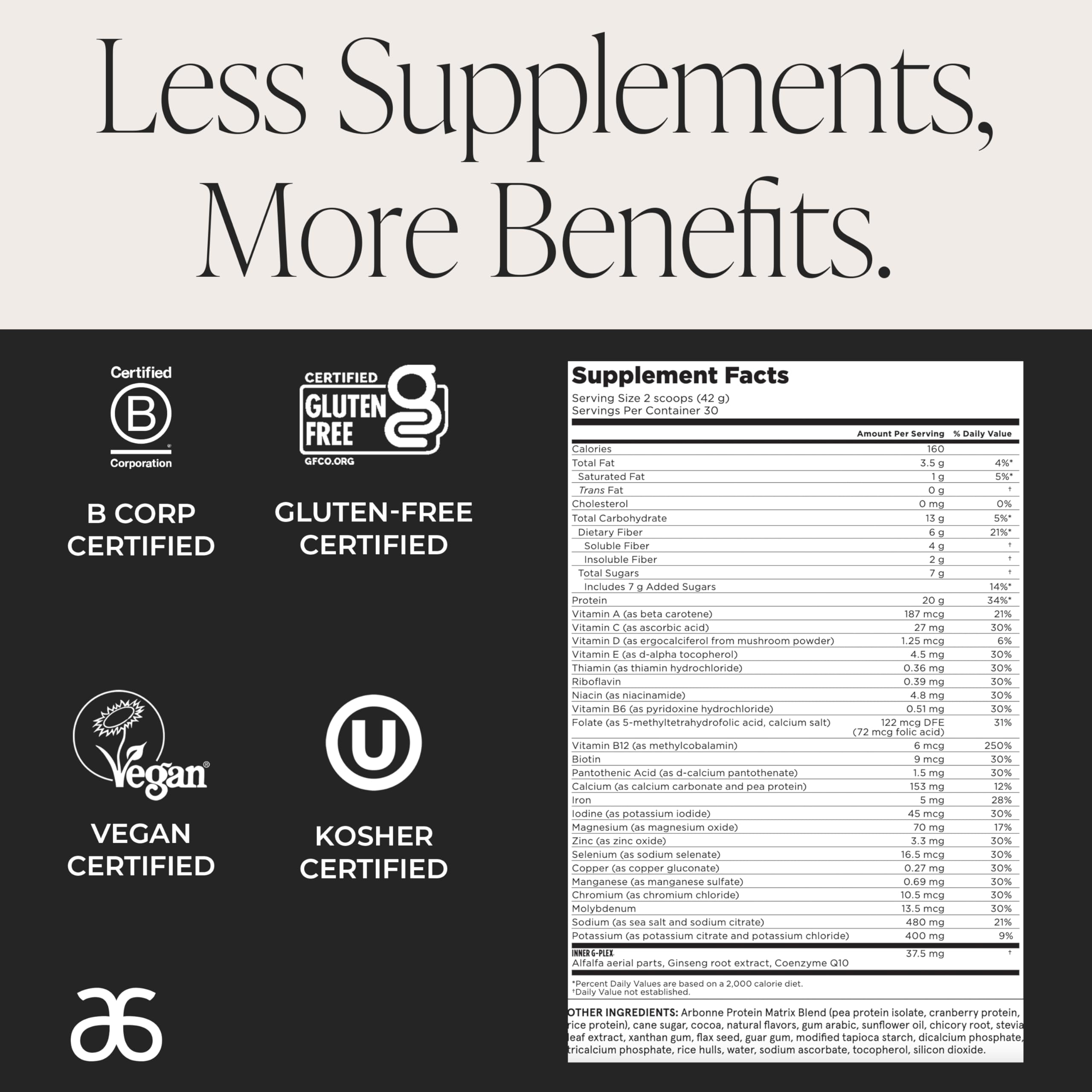 Arbonne Feelfit pea protein shake glass with 2 scoops suggests quick meals.