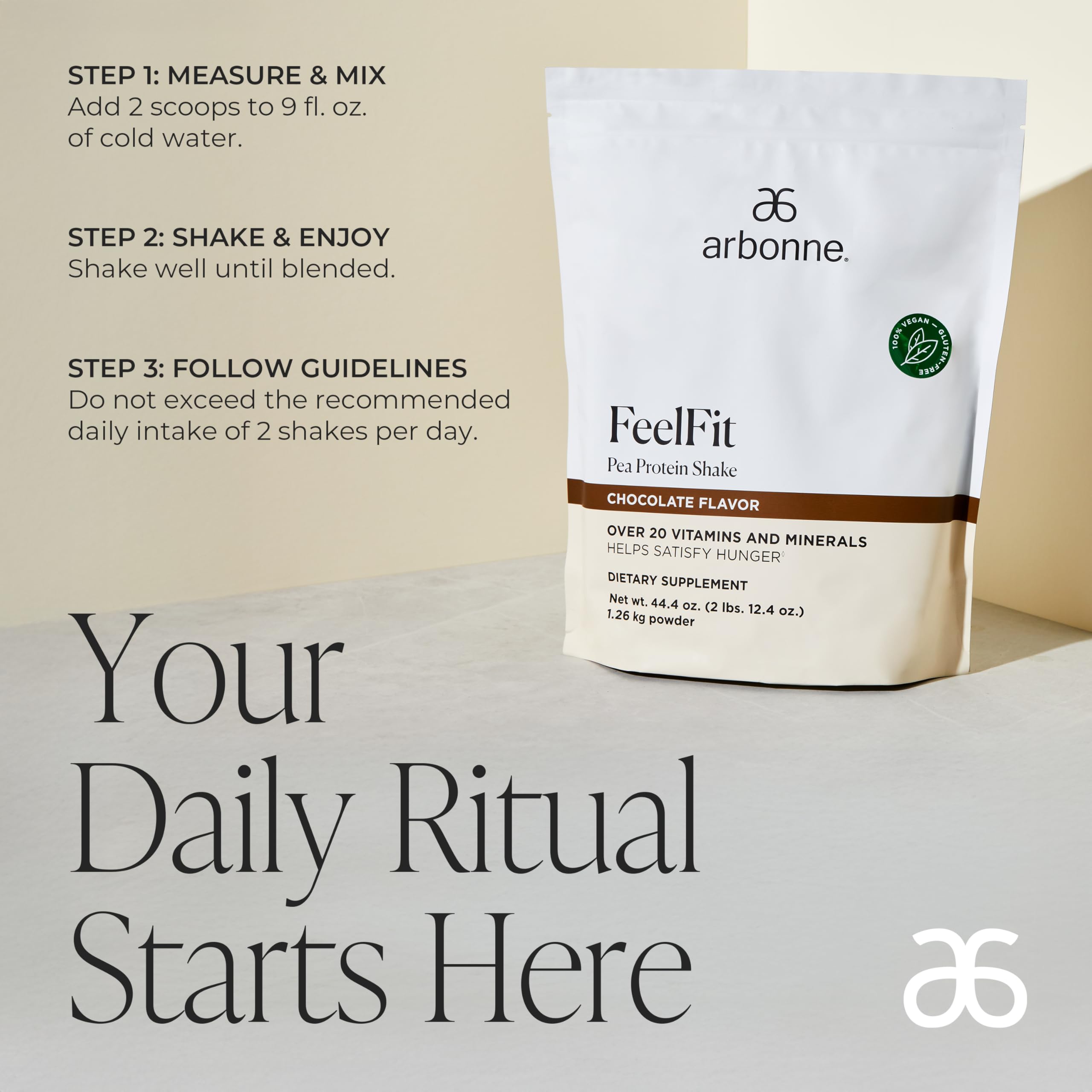 Arbonne Feelfit pea protein shake ingredients peas-cranberries-rice illustrate plant-based nutrition.