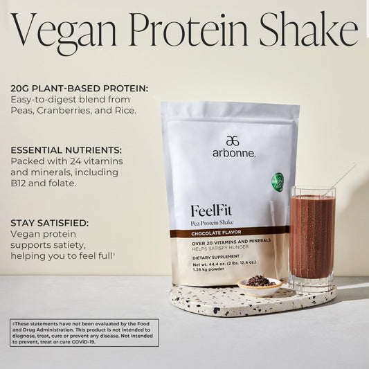 Arbonne Feelfit pea protein shake serve in glass highlights easy mixing after workouts.