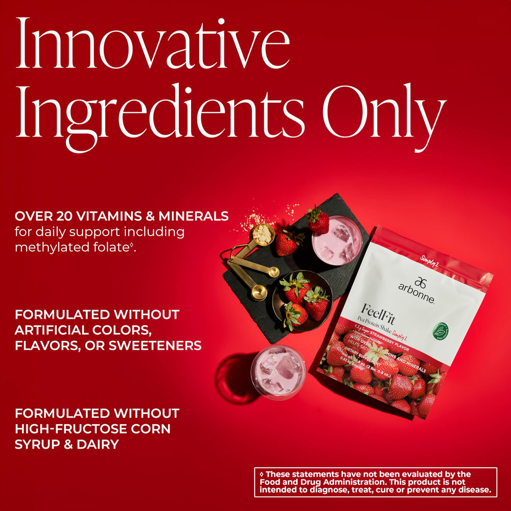 Arbonne FeelFit strawberry label showing plant-based nutrition on the jar.