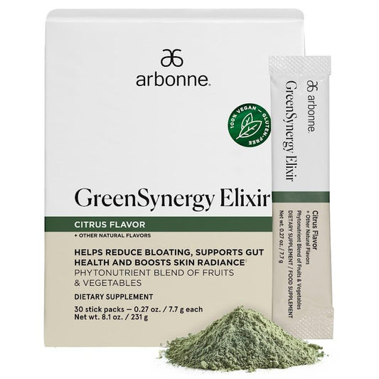 Arbonne GreenSynergy Elixir citrus stick-pack ready for digestion support.