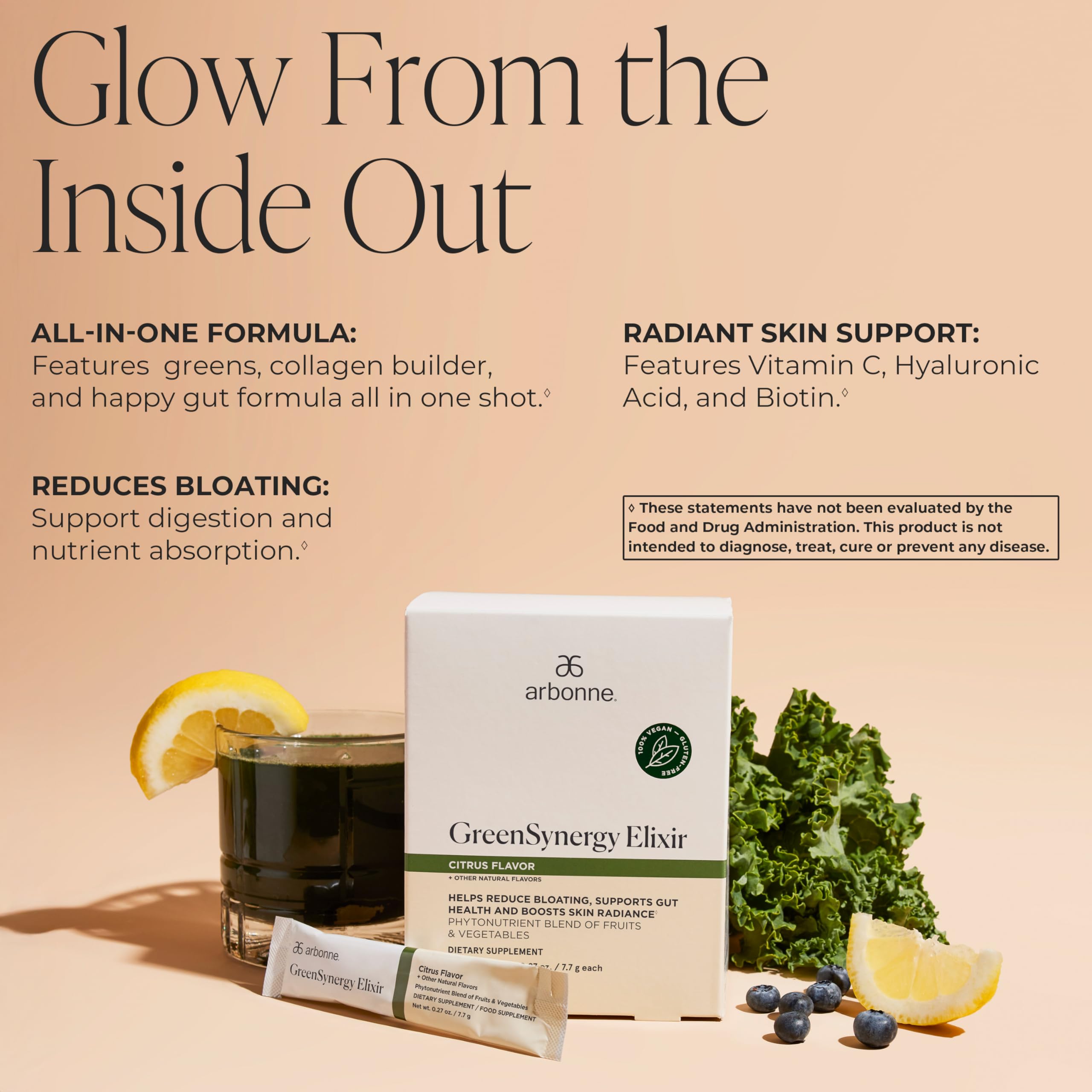 Arbonne GreenSynergy Elixir stick-pack close-up highlighting citrus flavor and on-the-go use.
