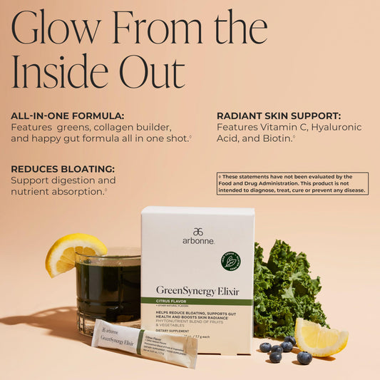 Arbonne GreenSynergy Elixir stick-pack close-up highlighting citrus flavor and on-the-go use.