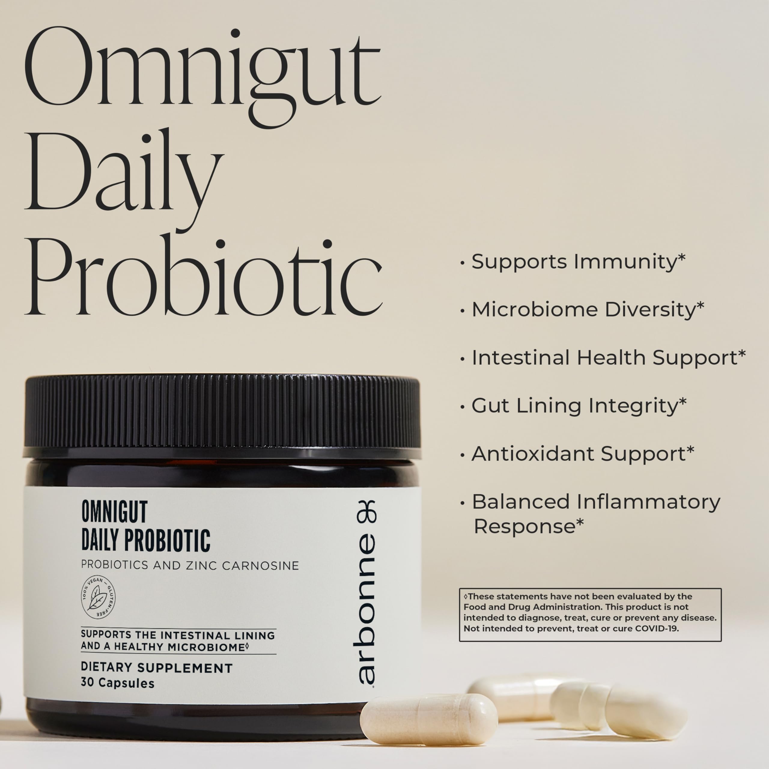 Arbonne OmniGut capsules close-up highlighting probiotic capsules.