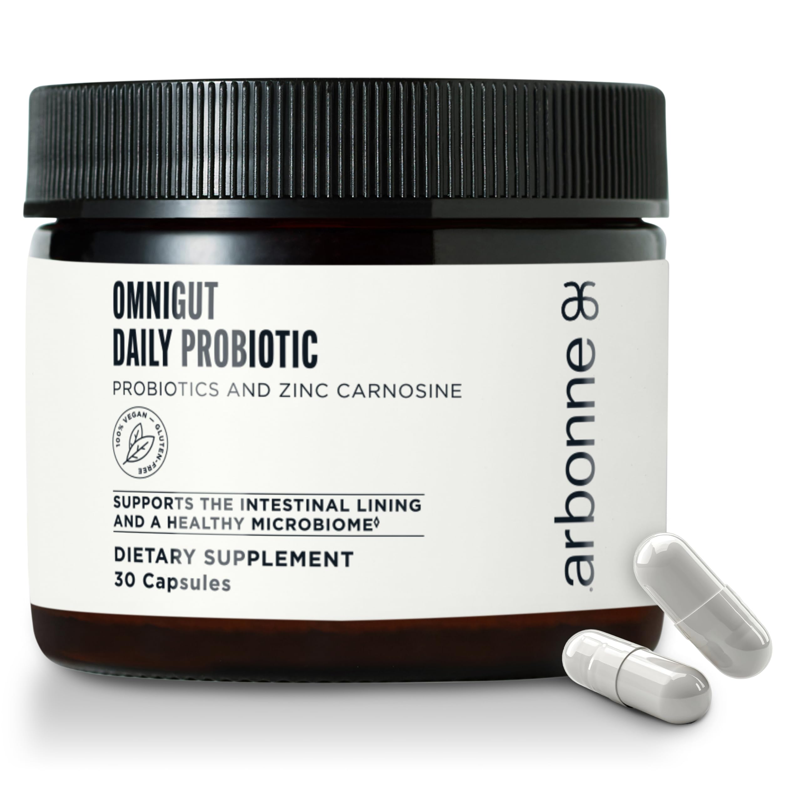 Arbonne OmniGut daily bottle showing the probiotic for digestive support.