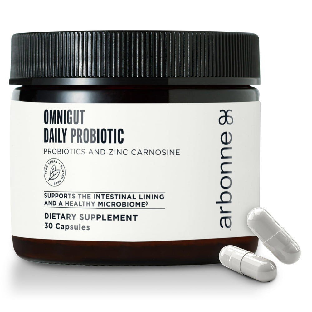 Arbonne OmniGut daily bottle showing the probiotic for digestive support.