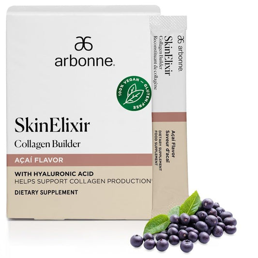 Arbonne SkinElixir acai-flavored stick pack for on-the-go hydration and nourishment