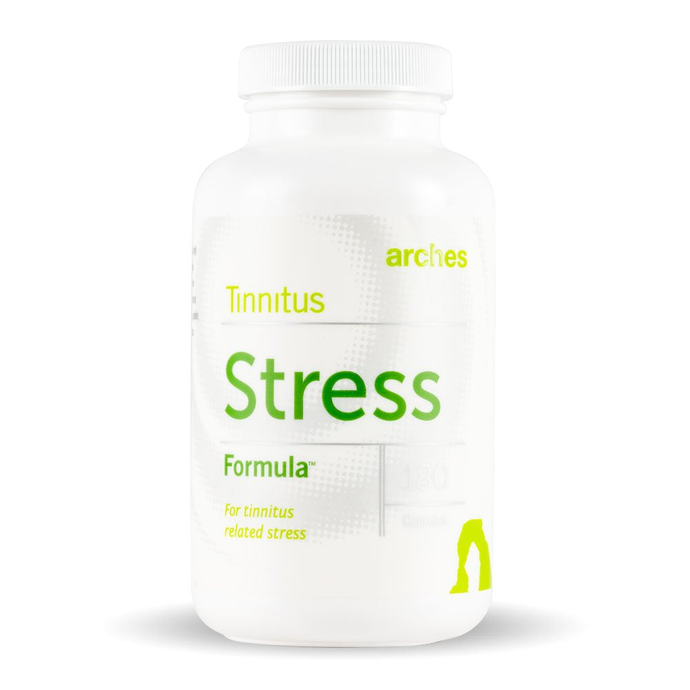 Arches Tinnitus Stress Formula bottle with high-potency B-Complex capsules for daily stress support