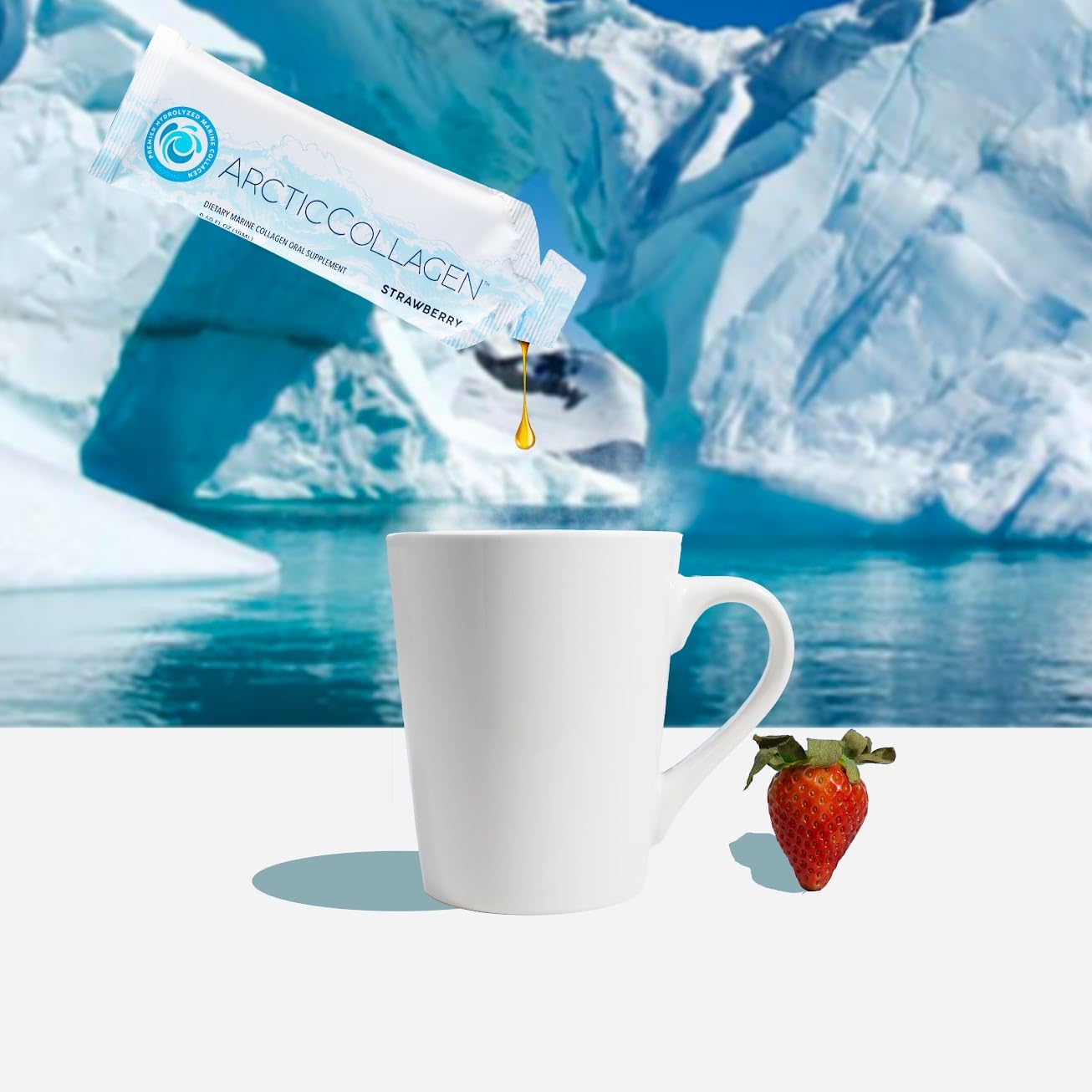 ARCTICCOLLAGEN strawberry liquid flavor closeup emphasizes refreshing taste.