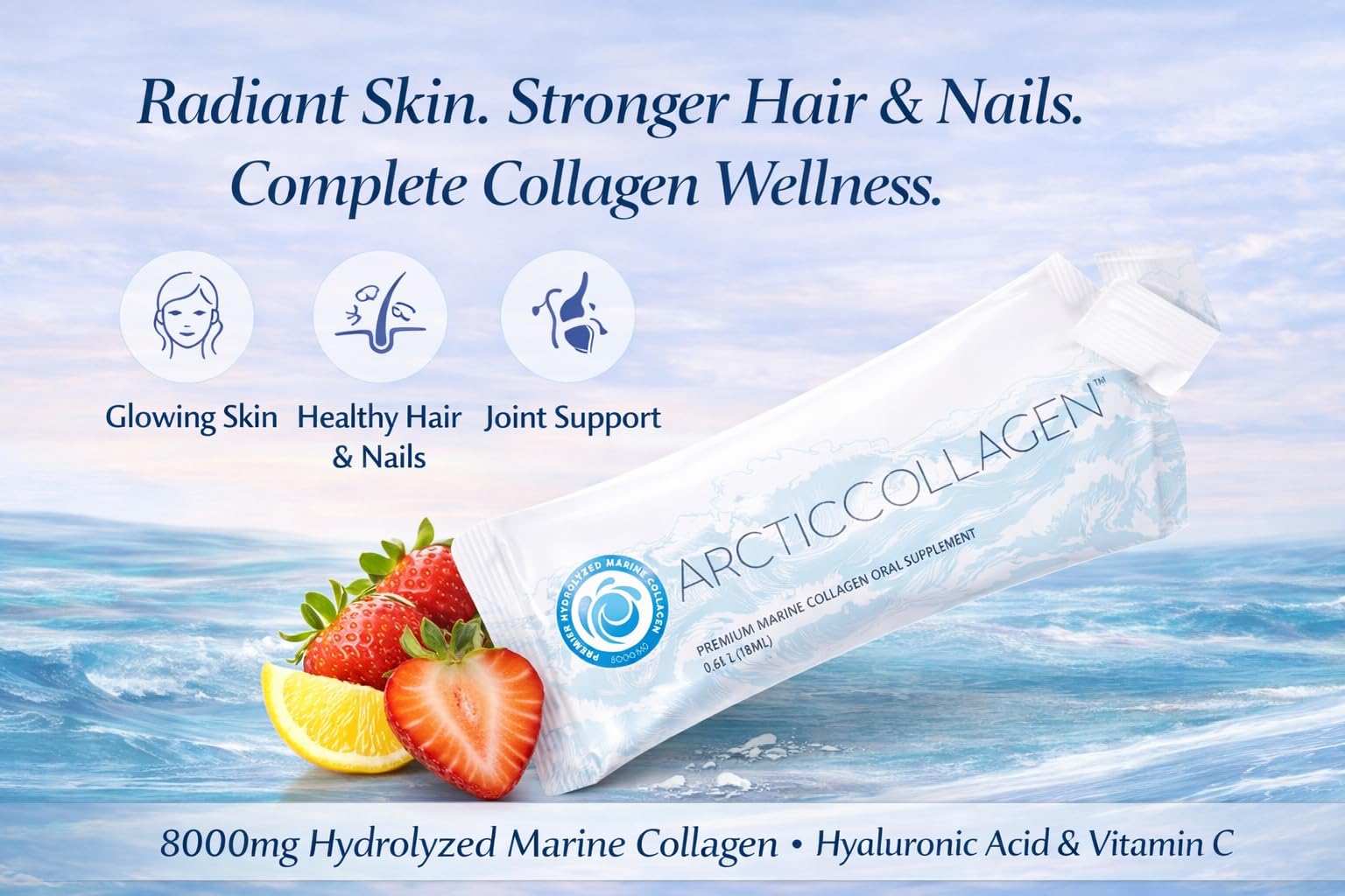 ARCTICCOLLAGEN strawberry liquid sachet being poured into water for quick absorption.