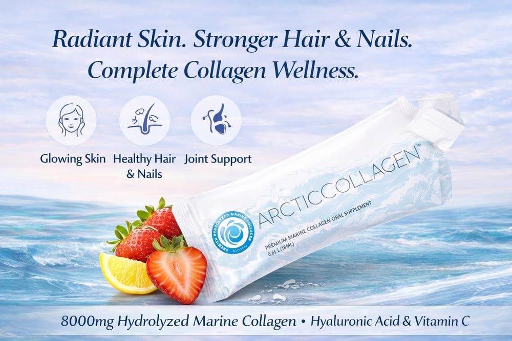 ARCTICCOLLAGEN strawberry liquid sachet being poured into water for quick absorption.