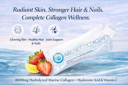 ARCTICCOLLAGEN strawberry liquid sachet being poured into water for quick absorption.