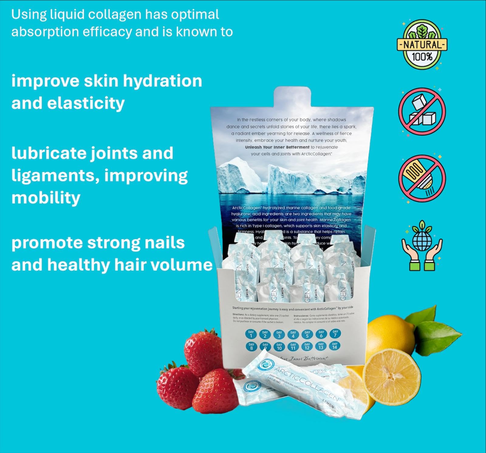 Closeup of ARCTICCOLLAGEN strawberry liquid sachets highlighting sugar-free fruity flavor.