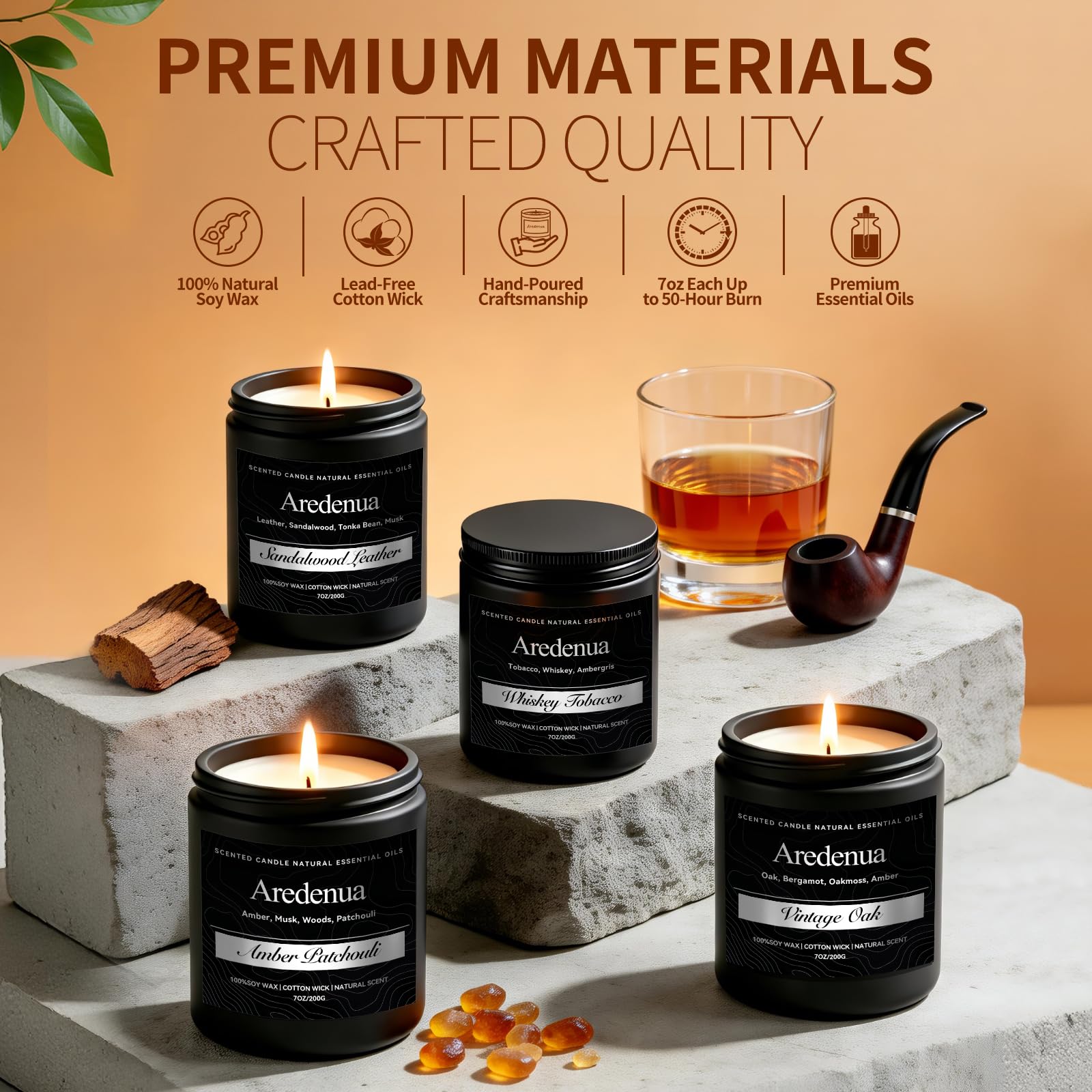 Aredenua candle suited for living rooms, offices, or man caves.