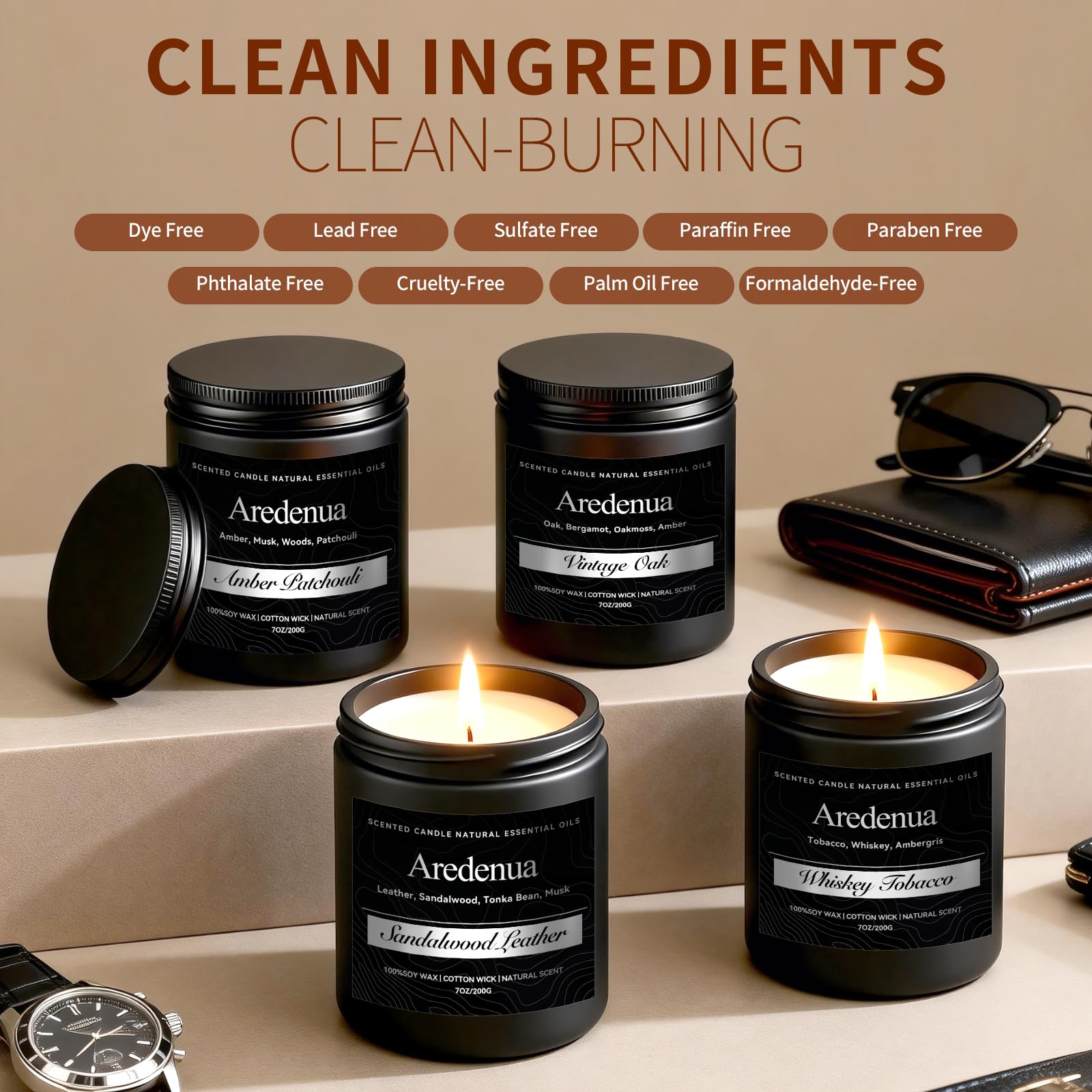 Aredenua Amber Patchouli candle with earthy notes for relaxation.