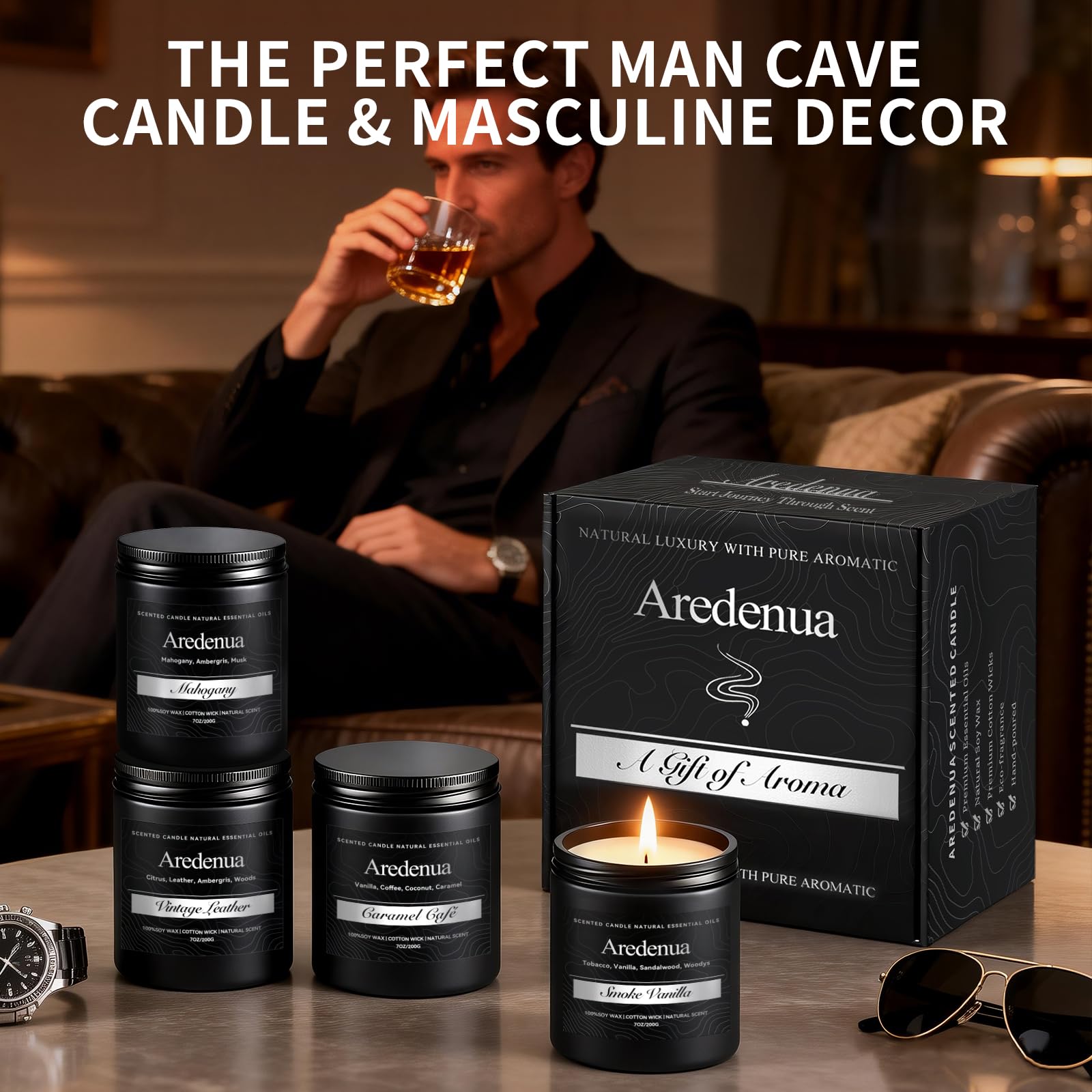 Aredenua gift-ready black rigid box with candle set