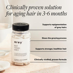 Arey Not Today label close-up highlighting biotin and vitamins for follicles.