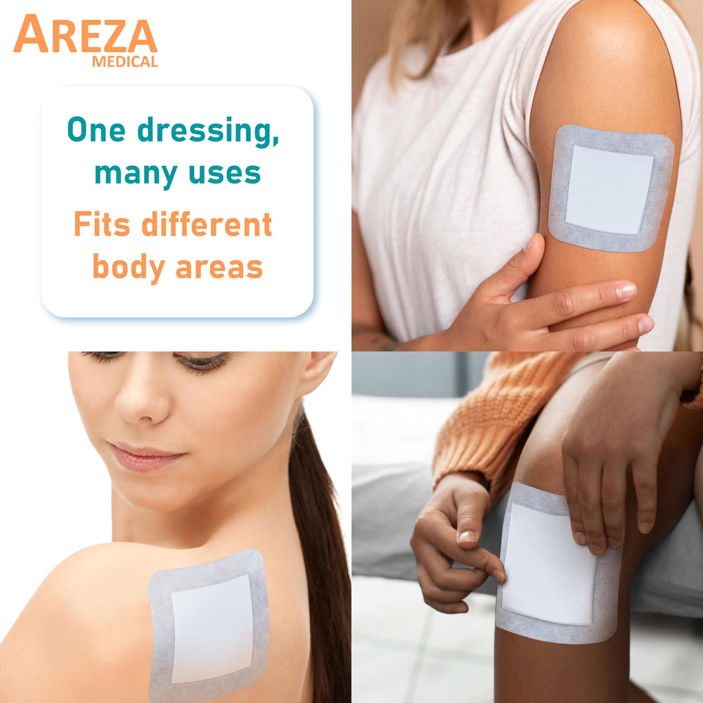 Areza Medical adhesive border secures the dressing around the wound