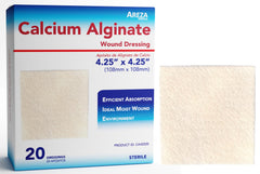Areza Medical calcium alginate wound dressing pad shown in packaging for wound care