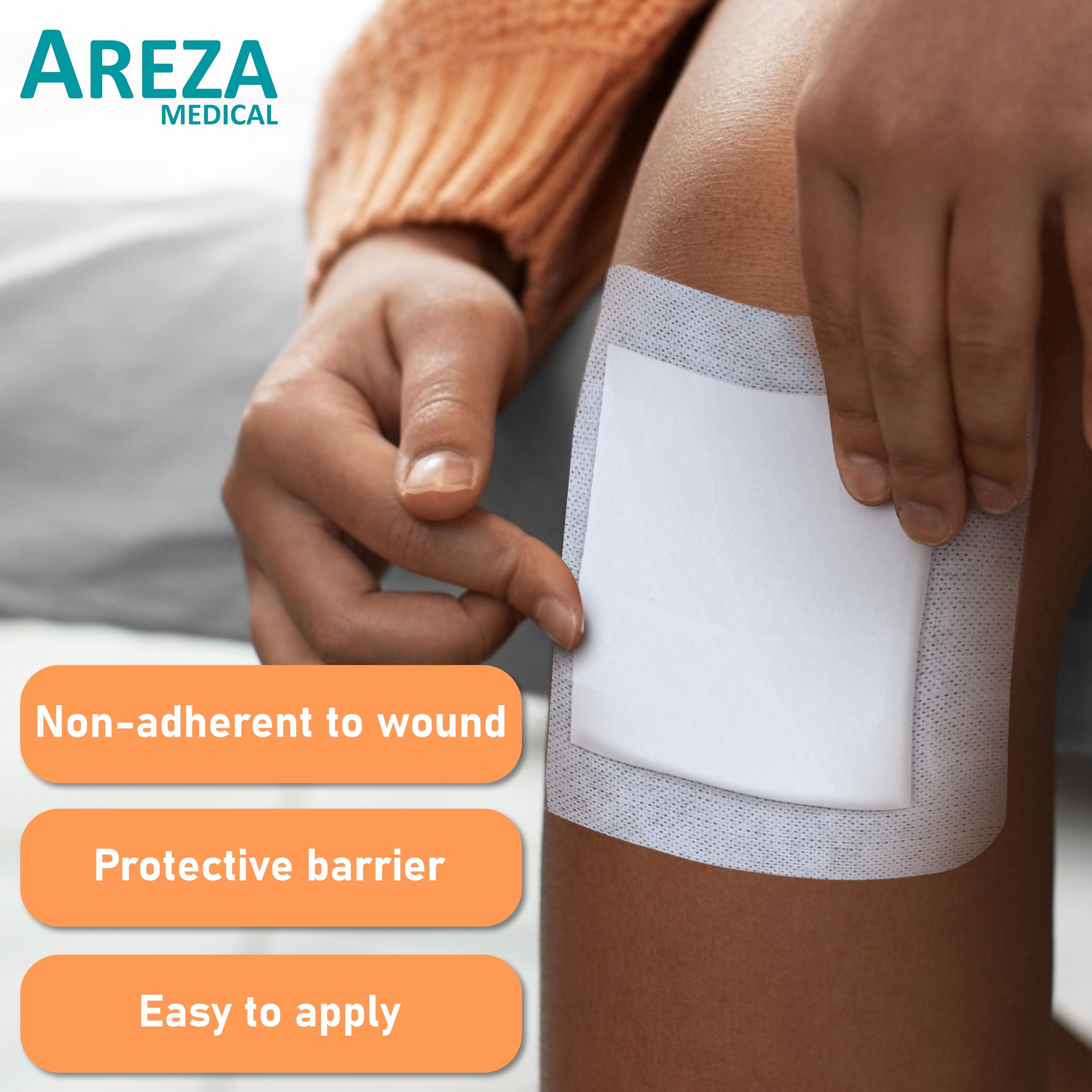 Areza Medical non-adherent central pad (4x4) protects the wound surface