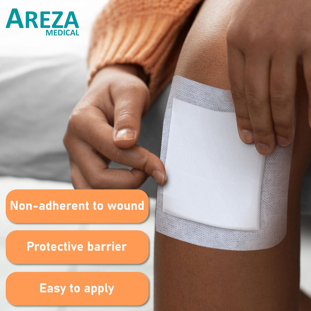Areza Medical non-adherent central pad (4x4) protects the wound surface