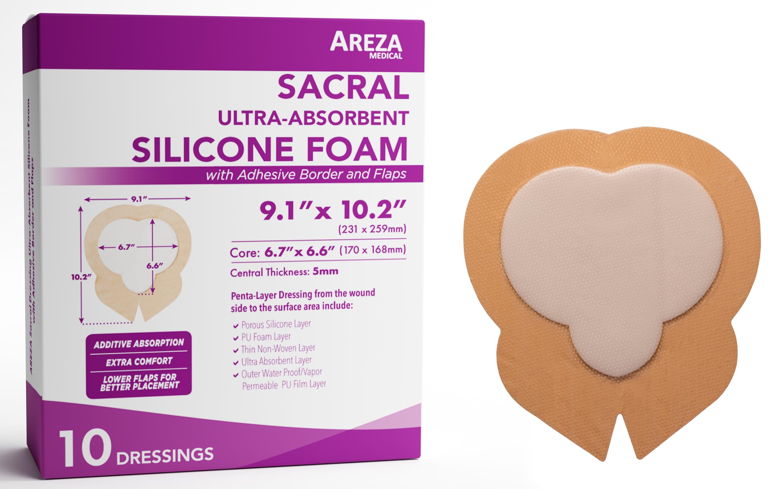 Areza Medical sacral silicone foam dressing core 9.1x10.2 inches offers absorption and protection.
